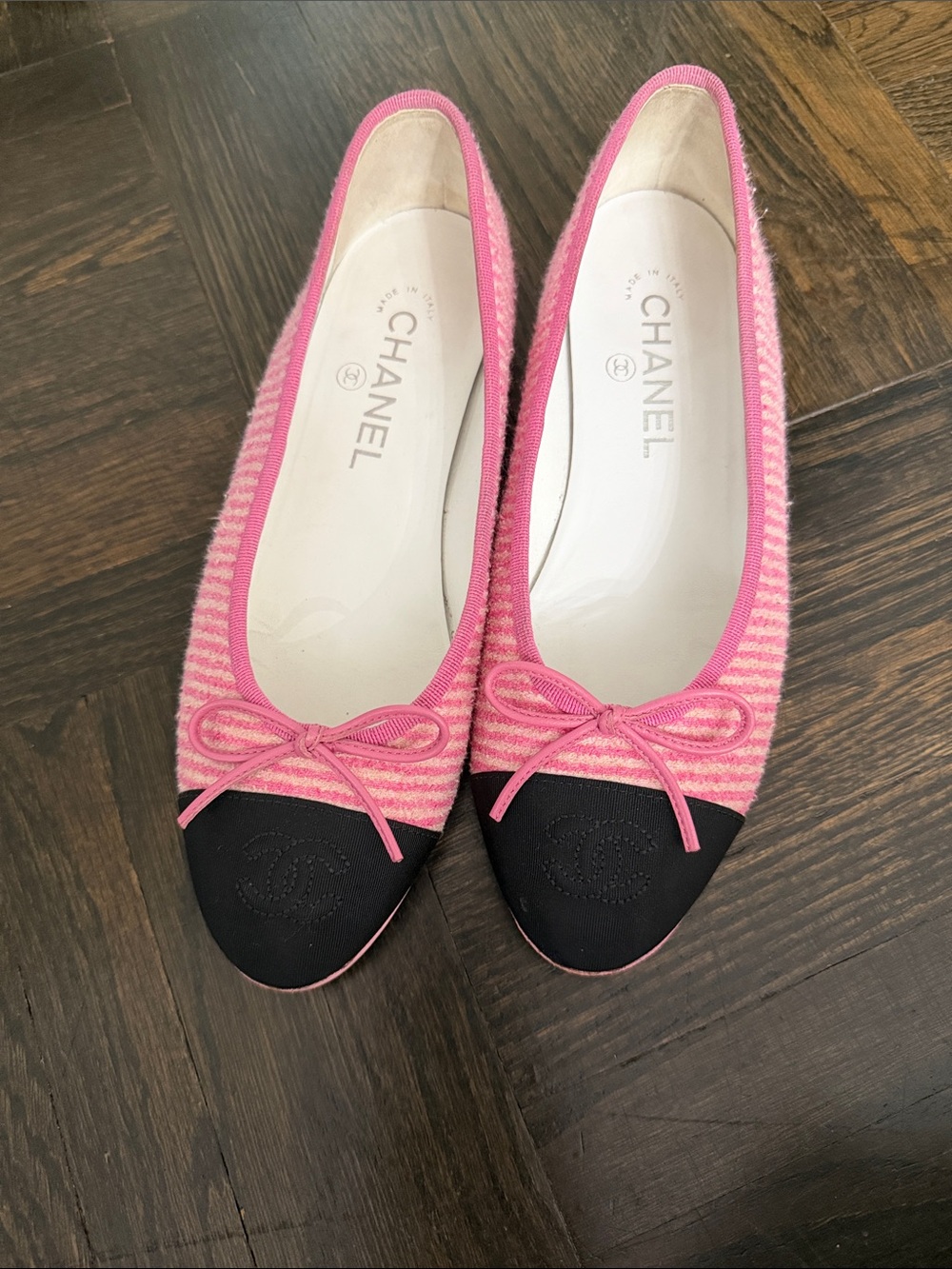 AUTHENTIC USED CHANEL Pink Striped Ballet Flats - Size 37.5